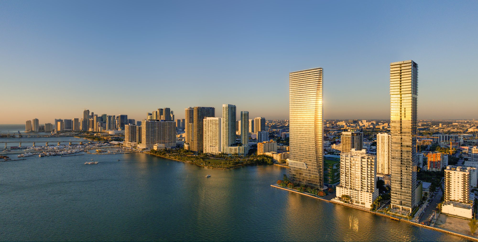 Aerial view of Edgewater and Biscayne Bay with EDITION Residences Miami Edgewater, developer rendering
