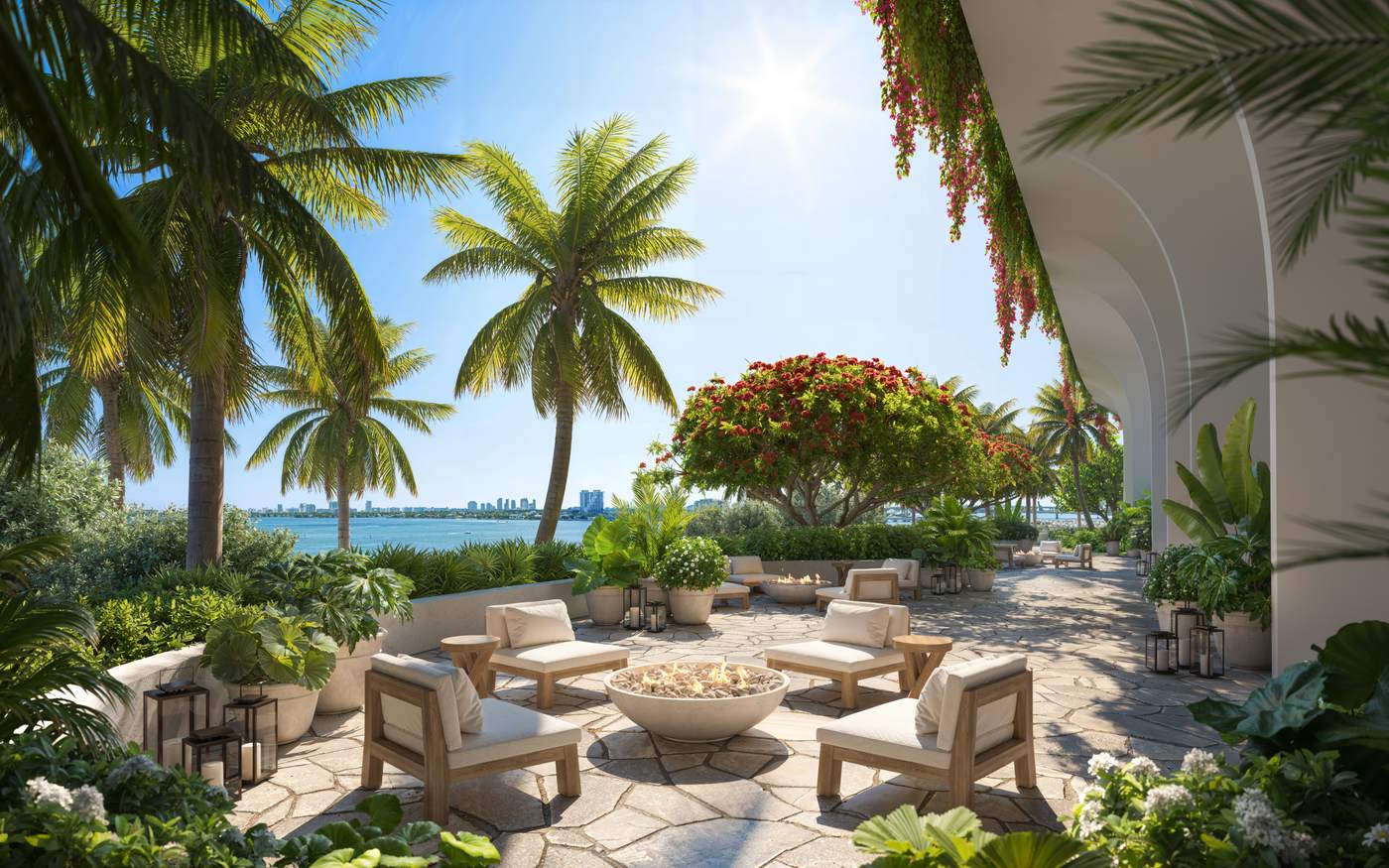 EDITION Residences Miami Edgewater, garden terrace with fire pit, developer rendering