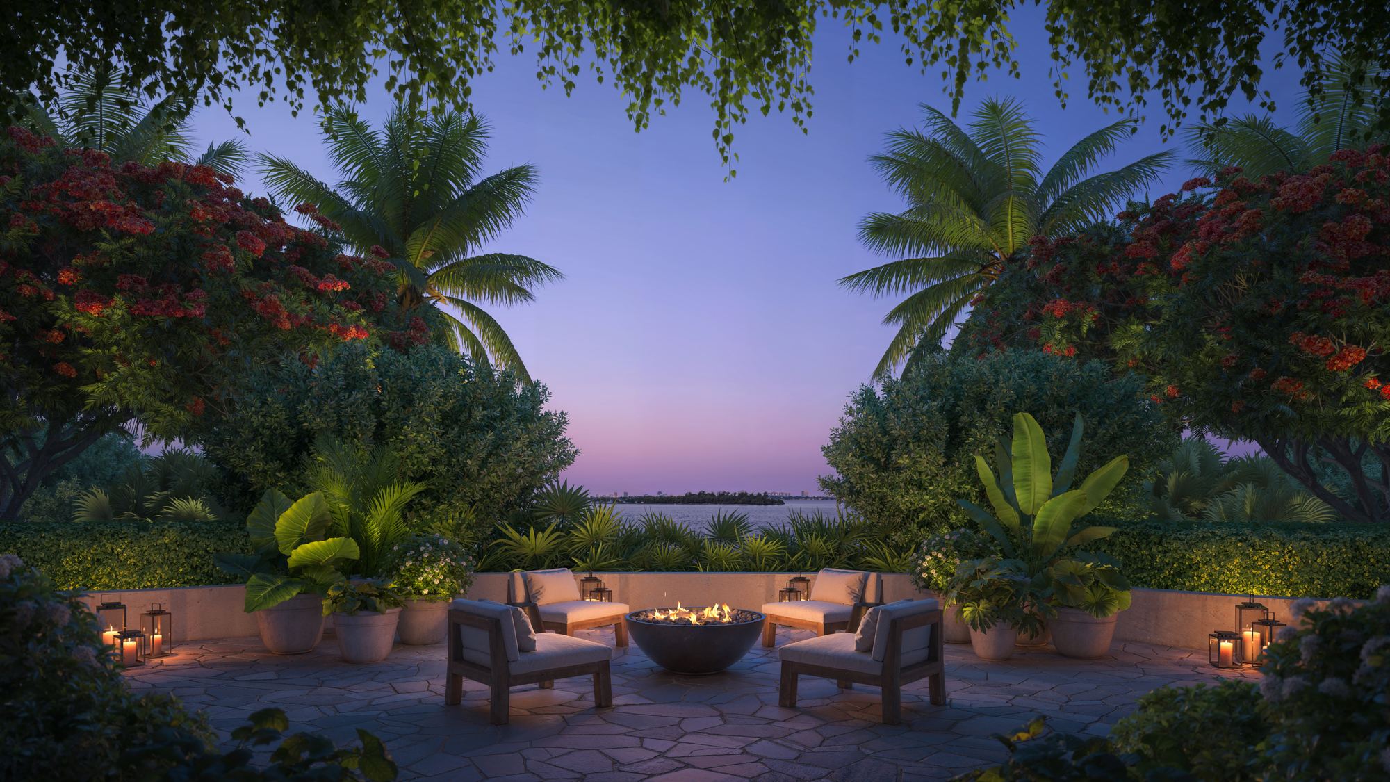 Bayfront garden terrace at dusk at EDITION Residences Miami Edgewater, developer rendering