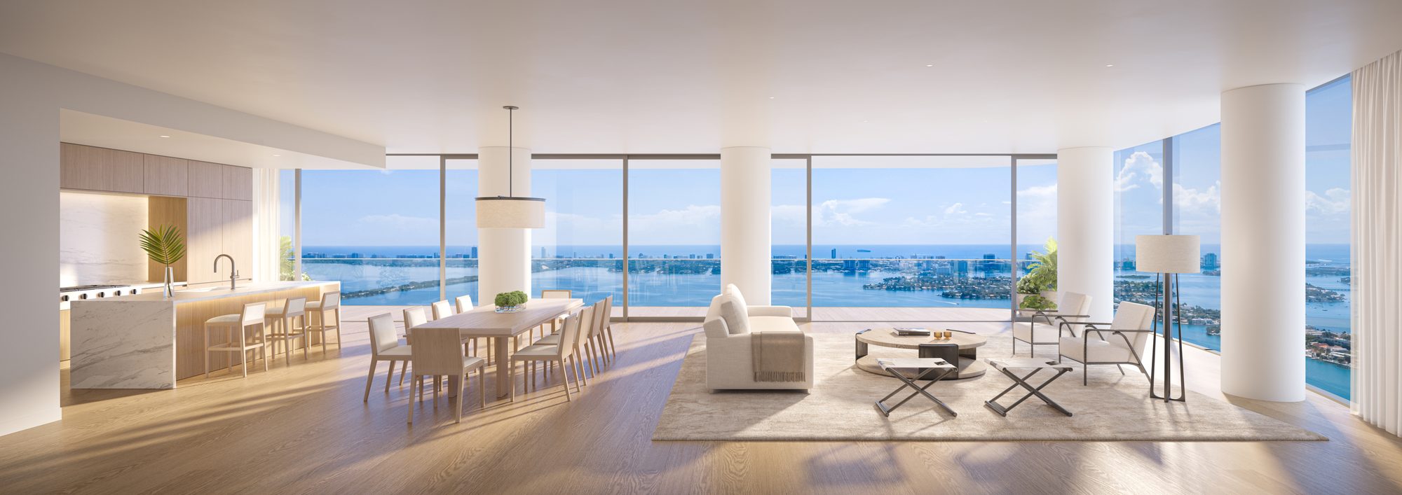 Great room with floor-to-ceiling glass over Biscayne Bay at EDITION Residences Miami Edgewater, developer rendering