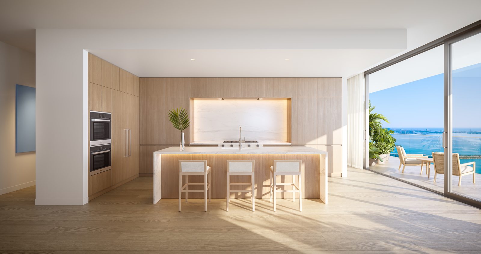 EDITION Residences Miami Edgewater, white oak kitchen with island, developer rendering