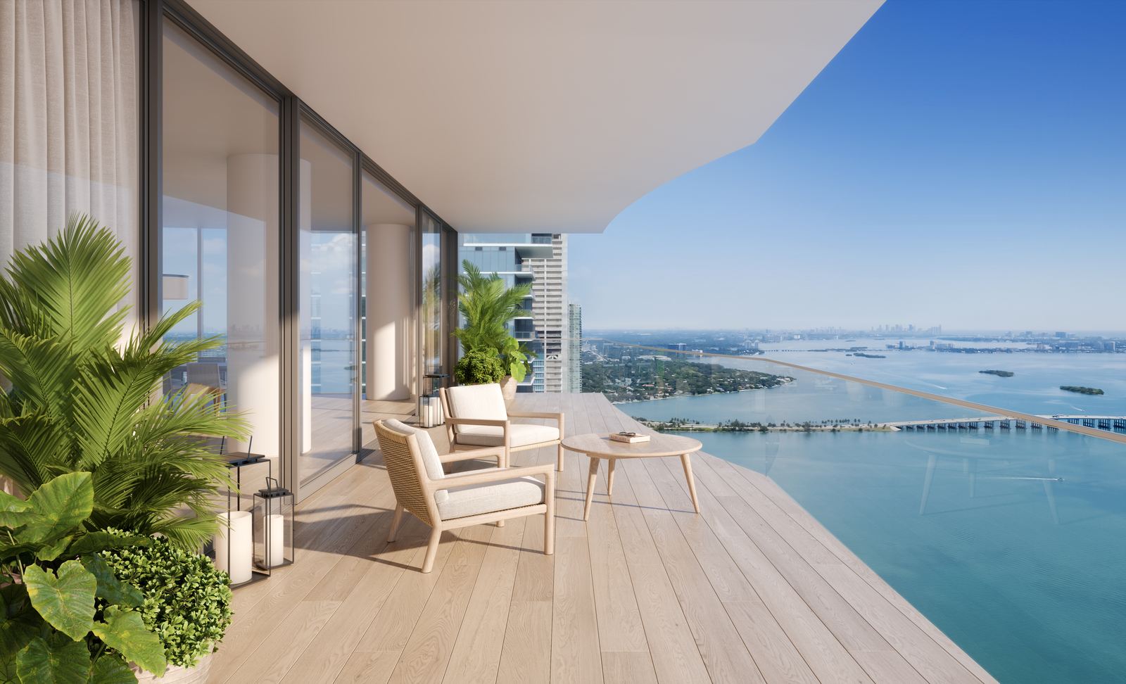 North terrace view up Biscayne Bay at EDITION Residences Miami Edgewater, developer rendering