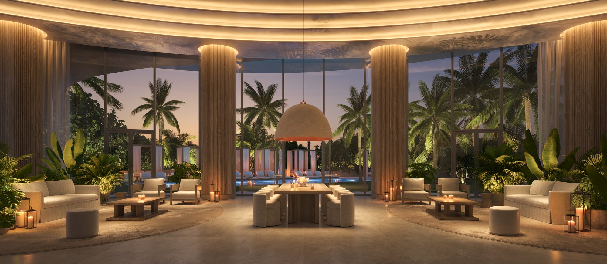 EDITION Residences Miami Edgewater, pool lounge at dusk, developer rendering