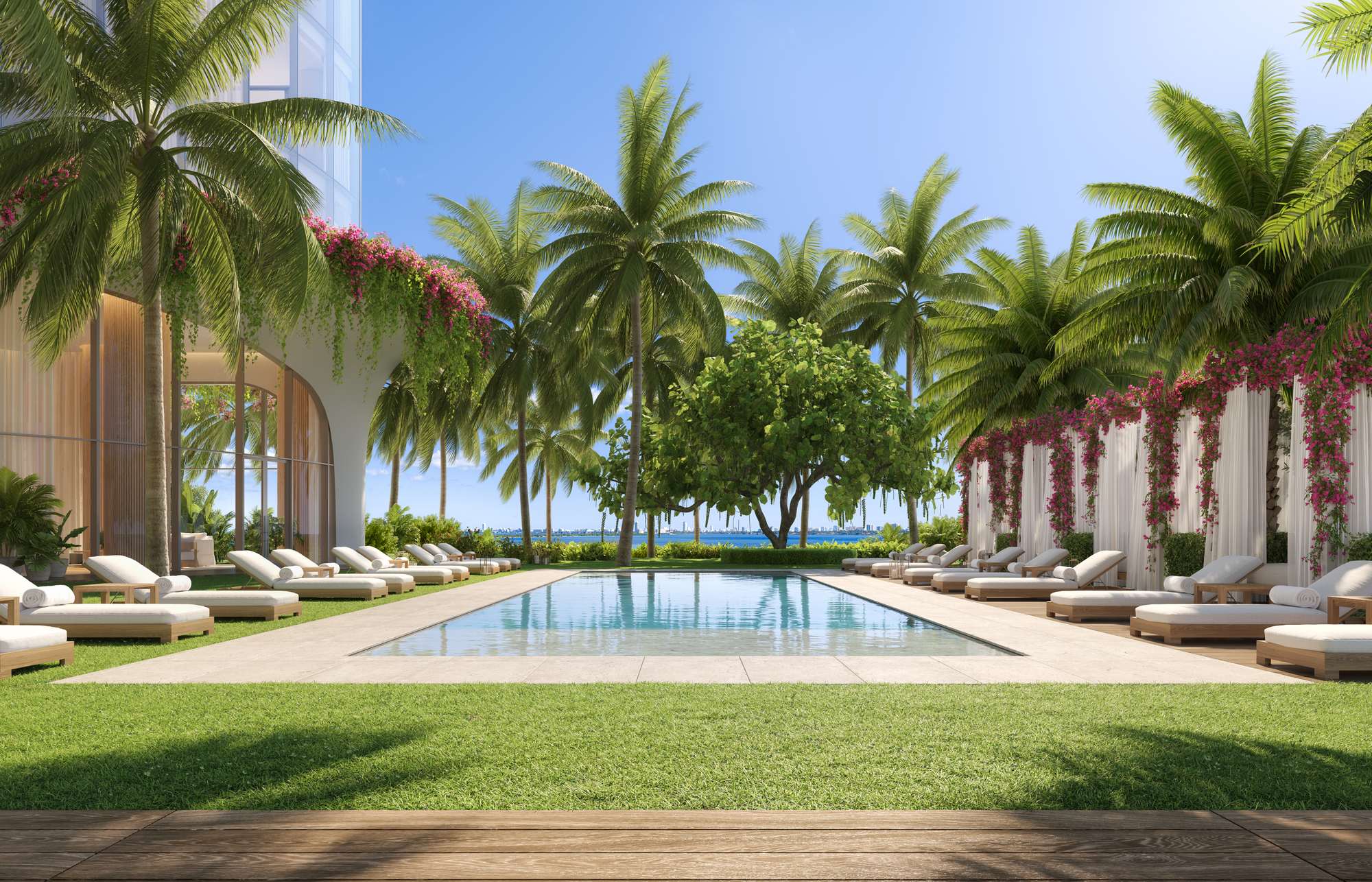 Bayfront pool lined with cabanas at EDITION Residences Miami Edgewater, developer rendering